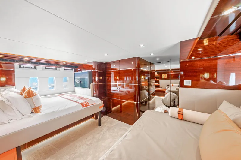 Slide: The Image of Luxurious cabin interior of 2021 Steeler 60S Performance yacht with elegant wood finishes. - 41