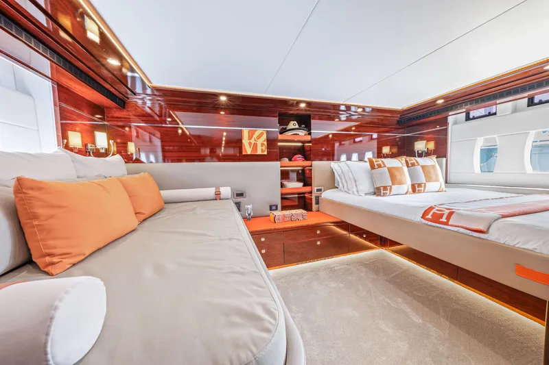 Slide: The Image of Luxurious interior of 2021 Steeler 60S Performance yacht with elegant bedding and seating. - 44