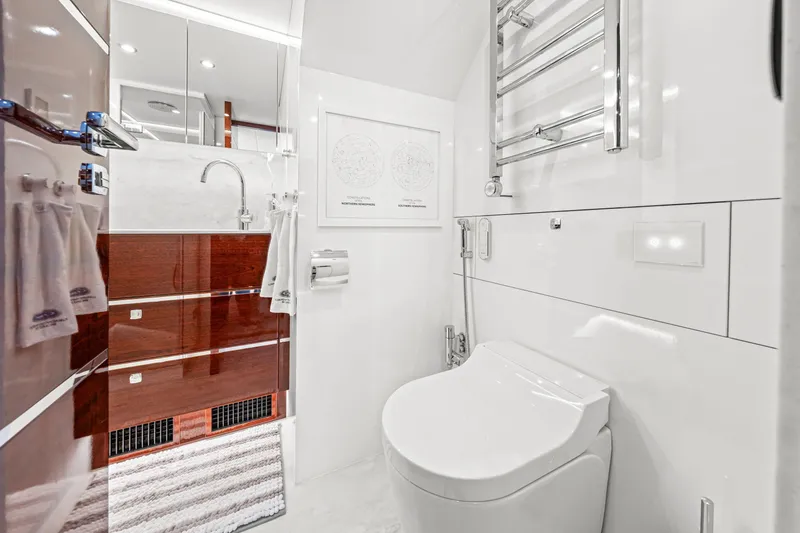 Slide: The Image of Luxurious bathroom in 2021 Steeler 60S Performance yacht, featuring modern fixtures and elegant design. - 46