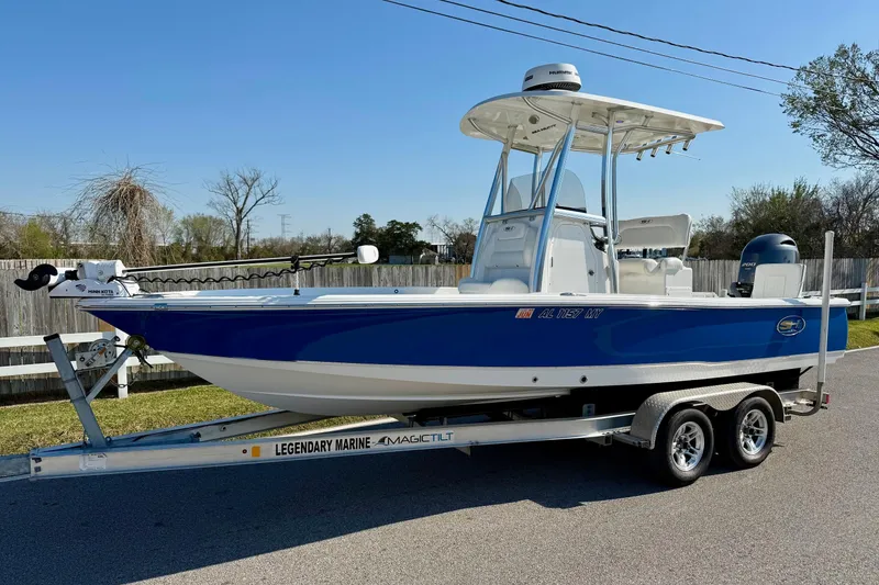 The Image of 2017 Sea Hunt BX 22 BR boat on trailer, blue and white, parked outdoors. - 1