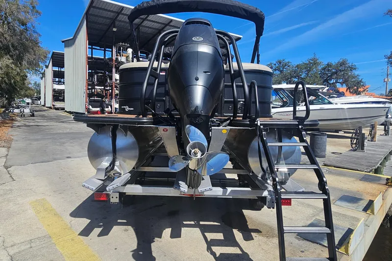 Slide: The Image of 2026 Bentley Pontoons Fish 243 Center Walk Through at marina, rear view with motor and ladder. - 4