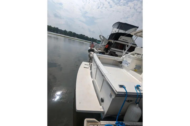 Slide: The Image of 1995 Wellcraft 330 Coastal boat docked on a calm river under a cloudy sky. - 24