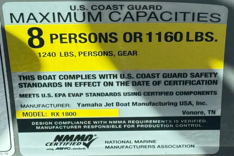 Slide: The Image of Yamaha Boats AR190 2015 capacity label: 8 persons or 1160 lbs, U.S. Coast Guard compliant. - 28