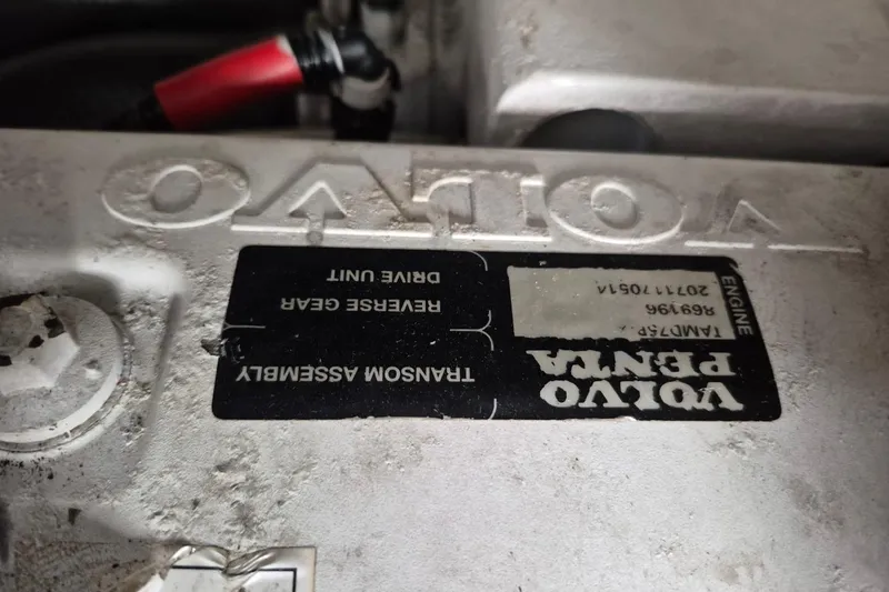 Slide: The Image of Close-up of a Volvo Penta engine label on a 2004 Riviera 4000 Offshore. - 46