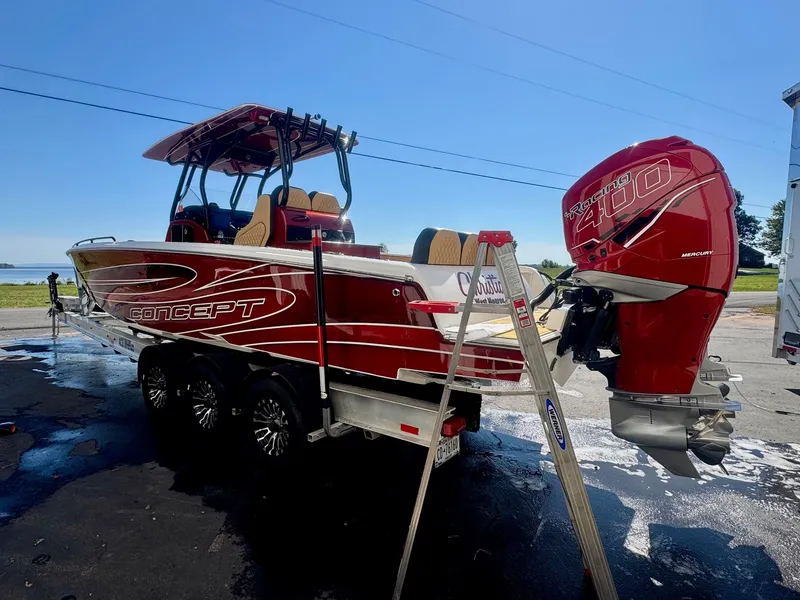 Slide: The Image of Red 2019 Concept 36' Open Deck boat with Mercury Racing 400 engine. - 17