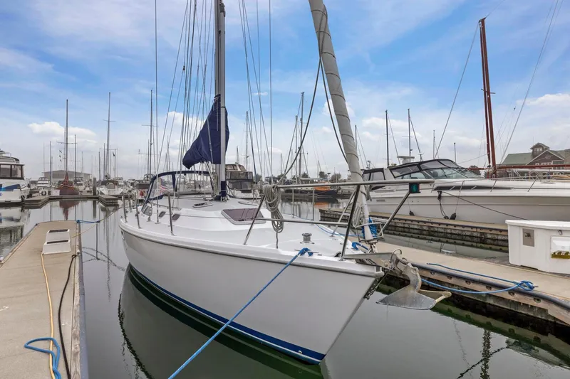 Slide: The Image of 2004 Catalina 36 MkII sailboat docked in a marina under a clear blue sky. - 6