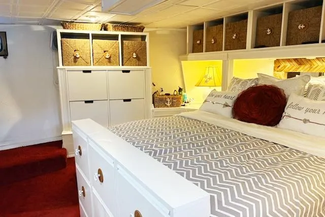 Slide: The Image of Cozy bedroom in 1987 Kelly motor yacht with chevron bedding and ample storage. - 28