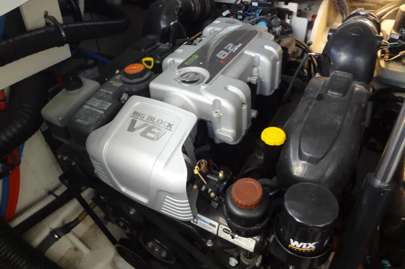 Slide: The Image of Engine compartment of 2017 Sea Ray Sundancer 350 with Big Block V8 engine. - 55