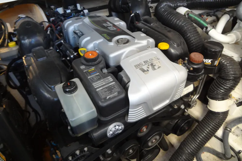Slide: The Image of Engine of 2017 Sea Ray Sundancer 350 boat, featuring a powerful V8 configuration. - 56