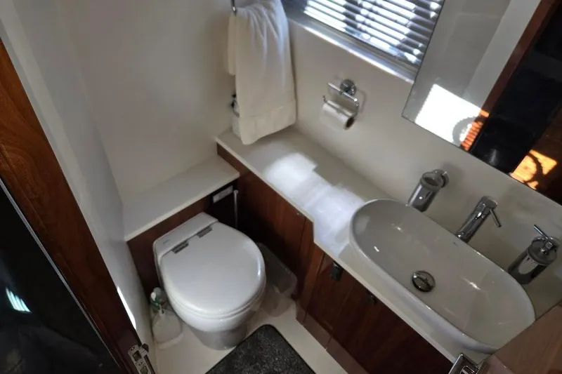 Slide: The Image of Luxurious bathroom in 2019 Sunseeker Predator 50 yacht with modern fixtures. - 45