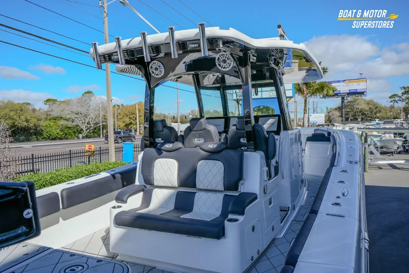 Slide: The Image of 2023 HCB 39 Speciale boat deck with storage compartments and sleek design. - 23