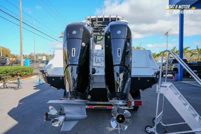 Slide: The Image of 2023 HCB 39 Speciale boat on trailer at dealership, side view. - 6