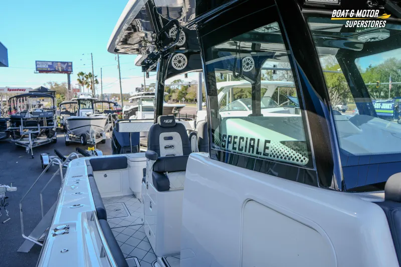 Slide: The Image of 2023 HCB 39 Speciale boat interior with luxury seating and audio system. - 63