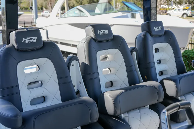 Slide: The Image of 2023 HCB 39 Speciale boat on trailer at dealership, side view. - 67