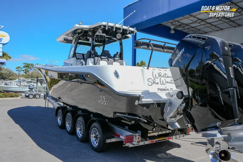 Slide: The Image of 2023 HCB 39 Speciale boat on trailer at Boat & Motor Superstores. - 75