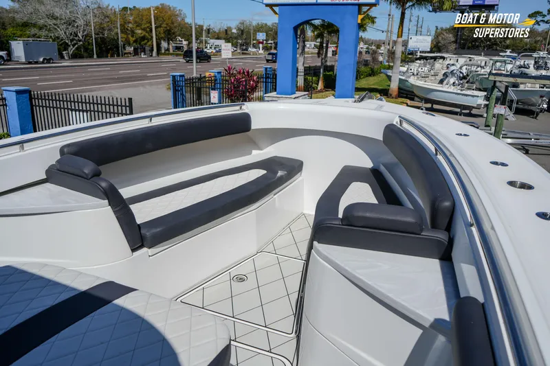 Slide: The Image of 2023 HCB 39 Speciale luxury boat interior with quilted seating and modern design. - 91