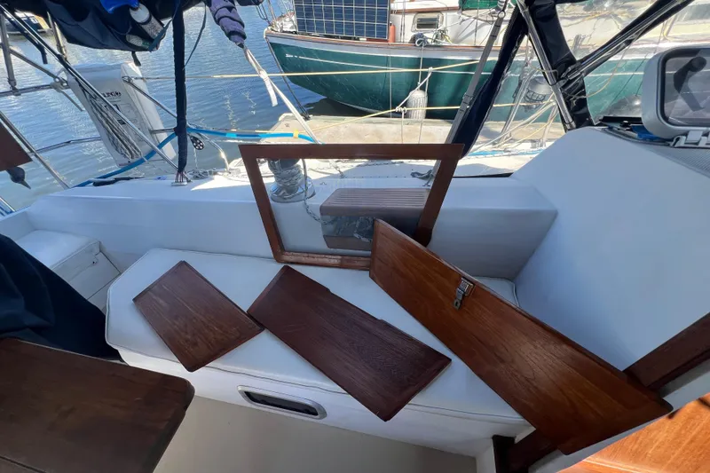 Slide: The Image of Bathroom interior of a 1989 Catalina 42 yacht with sink and toilet. - 44