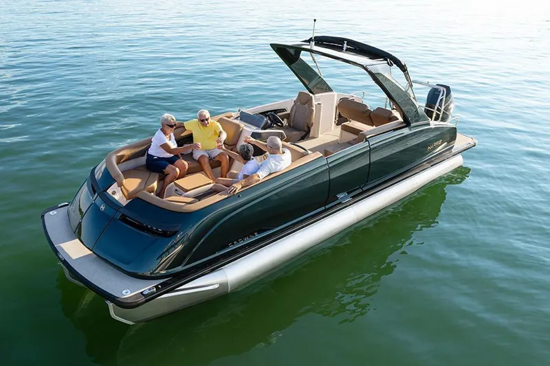 Slide: The Image of Manufacturer Provided Image: 2025 Harris Crowne SL 250 pontoon boat on water with passengers enjoying leisure time. - 4