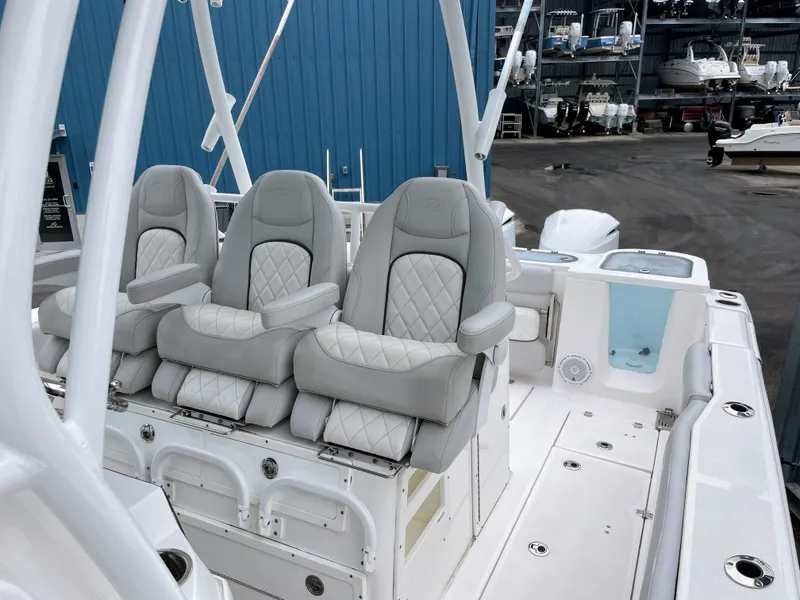 Slide: The Image of Interior view of 2019 Sea Fox 328 Commender boat with luxurious seating. - 47