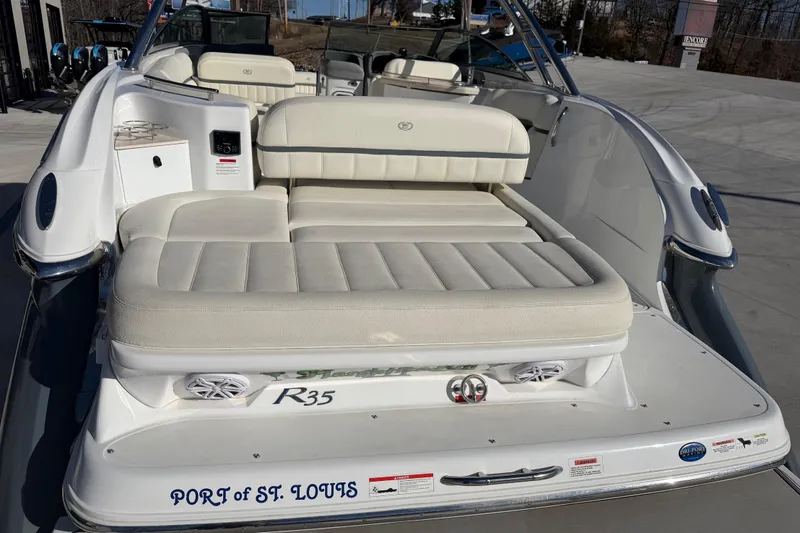 Slide: The Image of 2019 Cobalt R35 boat with white seating, docked at Port of St. Louis. - 11