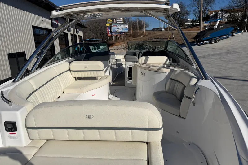 Slide: The Image of 2019 Cobalt R35 boat interior with white seating and sleek design. - 12