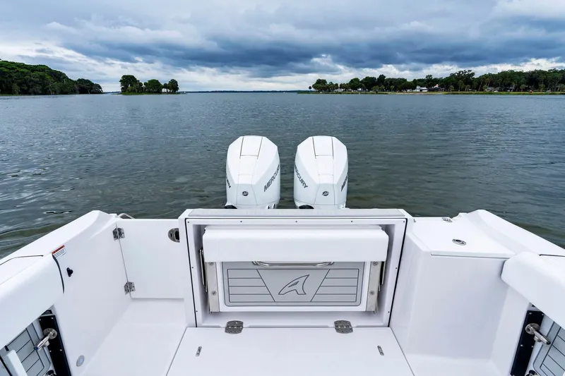 Slide: The Image of Manufacturer Provided Image: 2026 Blackfin 252 CC boat with dual Mercury engines on a calm lake. - 12