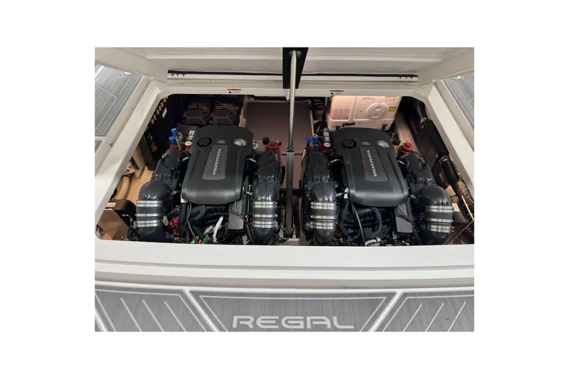 Slide: The Image of Engine compartment of 2026 Regal 38 Surf boat with dual Volvo Penta engines. - 26