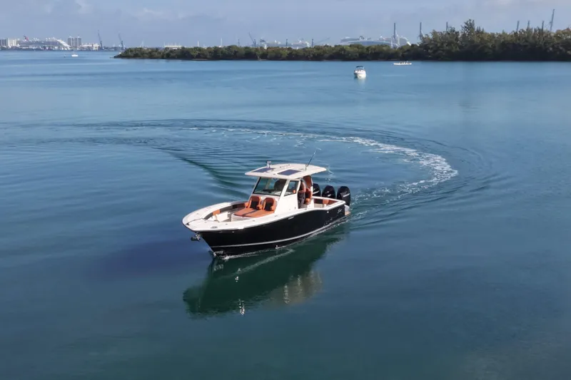 Slide: The Image of 2019 Scout 355 LXF boat cruising on calm blue water. - 4