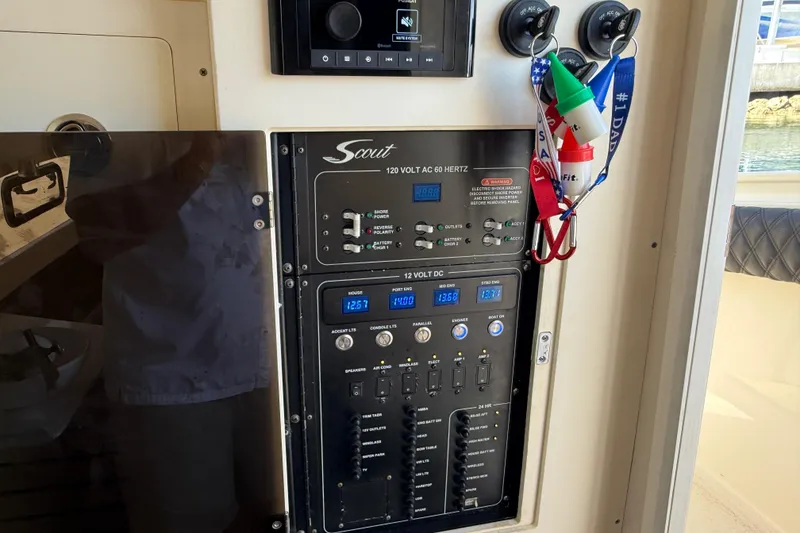 Slide: The Image of 2019 Scout 355 LXF control panel with electrical switches and voltage displays. - 46