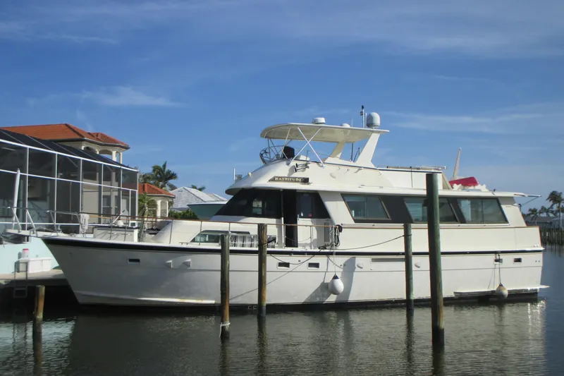The Image of 1981 Hatteras 61 Motor Yacht docked in a sunny marina setting. - 0
