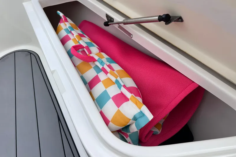 Slide: The Image of Storage compartment on 2020 NauticStar 25 XS boat with colorful beach mats. - 86