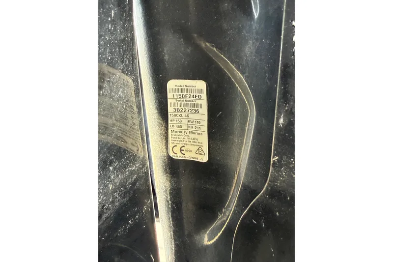 Slide: The Image of Sticker on Calcutta 263 (2019) showing Mercury Marine engine specifications and serial number. - 17