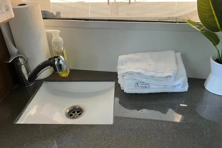 Slide: The Image of Modern sink area on 2023 Four Winns H350 OB boat with towels and plant. - 18