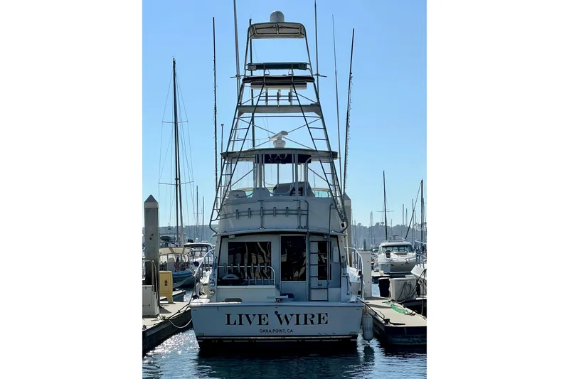 Slide: The Image of 1982 Bertram 46 Convertible yacht "Live Wire" docked at marina, Dana Point, CA. - 10