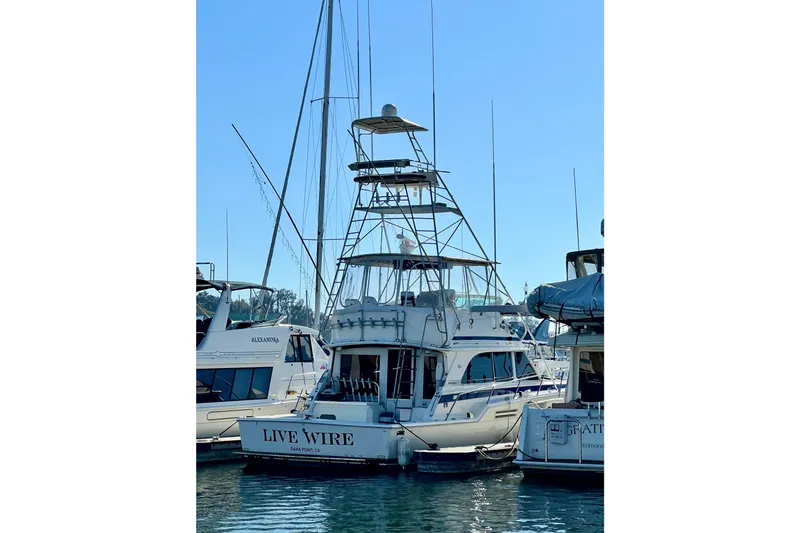 Slide: The Image of 1982 Bertram 46 Convertible yacht docked at marina, named "Live Wire." - 11