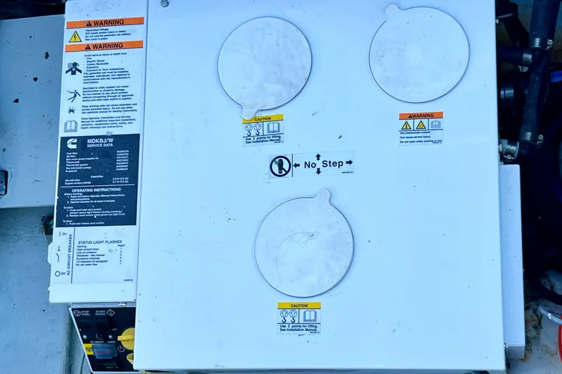 Slide: The Image of Engine compartment of a 1982 Bertram 46 Convertible with warning labels and "No Step" sign. - 35