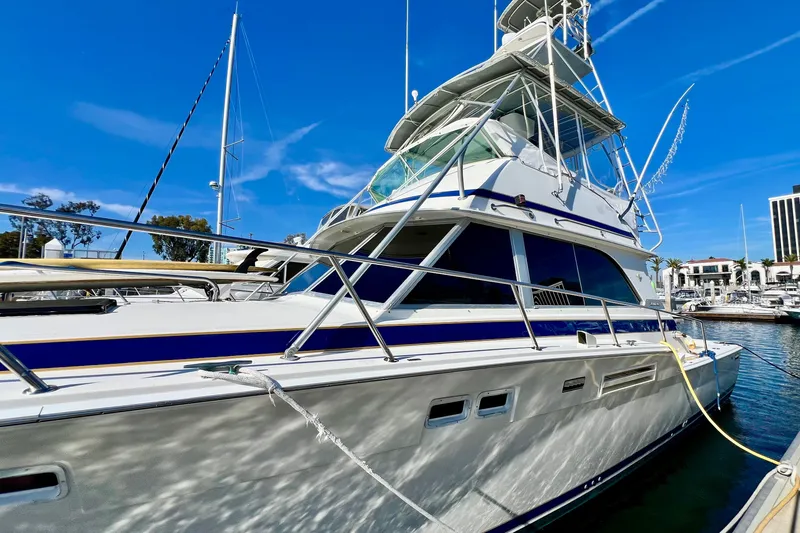 Slide: The Image of 1982 Bertram 46 Convertible yacht docked in marina under clear blue sky. - 5