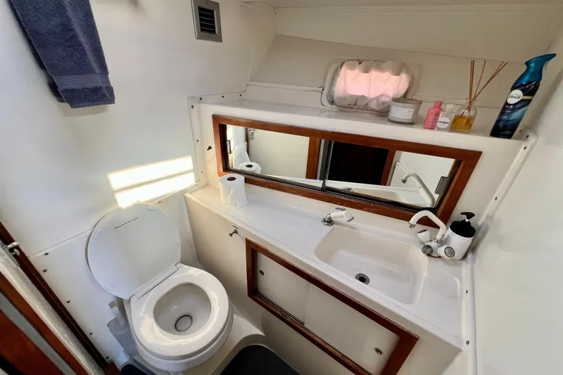 Slide: The Image of 1982 Bertram 46 Convertible yacht bathroom with toilet, sink, and toiletries. - 67