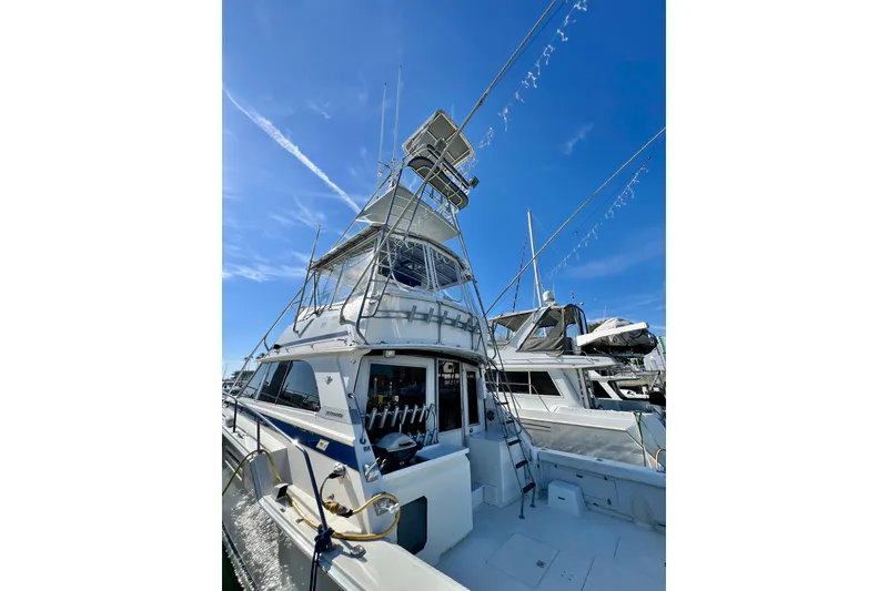 Slide: The Image of 1982 Bertram 46 Convertible yacht docked under clear blue sky. - 7