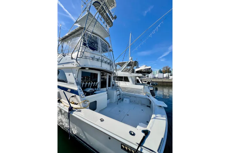 Slide: The Image of 1982 Bertram 46 Convertible yacht docked at marina under clear blue sky. - 8