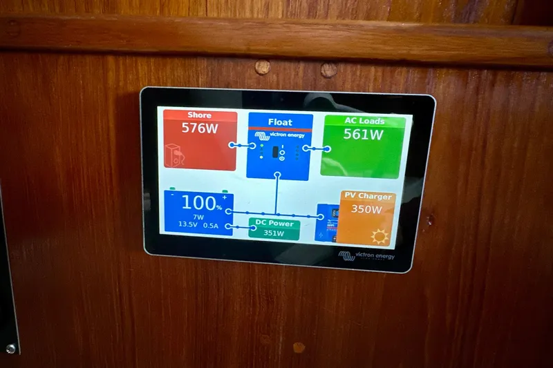 Slide: The Image of Victron Energy display on 1988 Californian 45 Motor Yacht showing power usage and charging status. - 37
