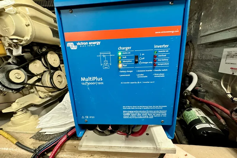 Slide: The Image of Victron Energy MultiPlus charger in 1988 Californian 45 Motor Yacht engine room. - 45