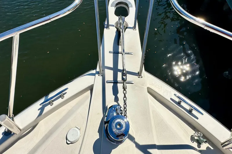 Slide: The Image of Bow of 1988 Californian 45 Motor Yacht with anchor chain and railing. - 5
