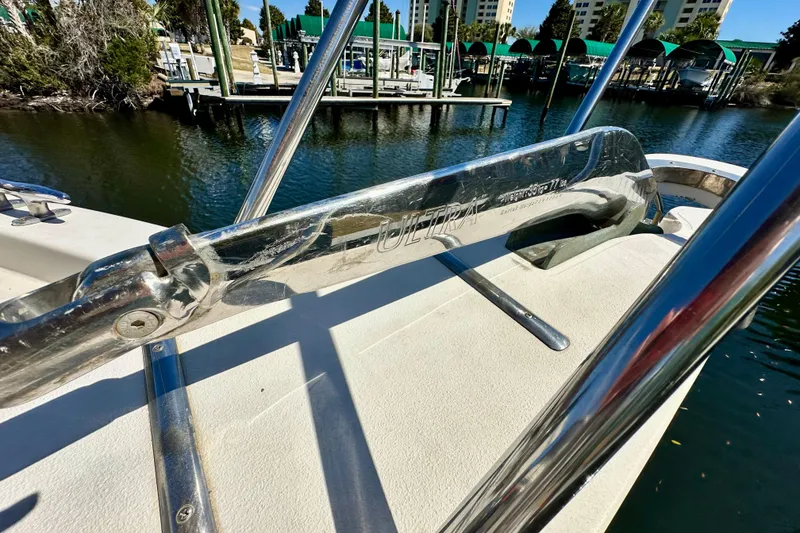 Slide: The Image of 1988 Californian 45 Motor Yacht anchor detail at marina, featuring stainless steel components. - 6