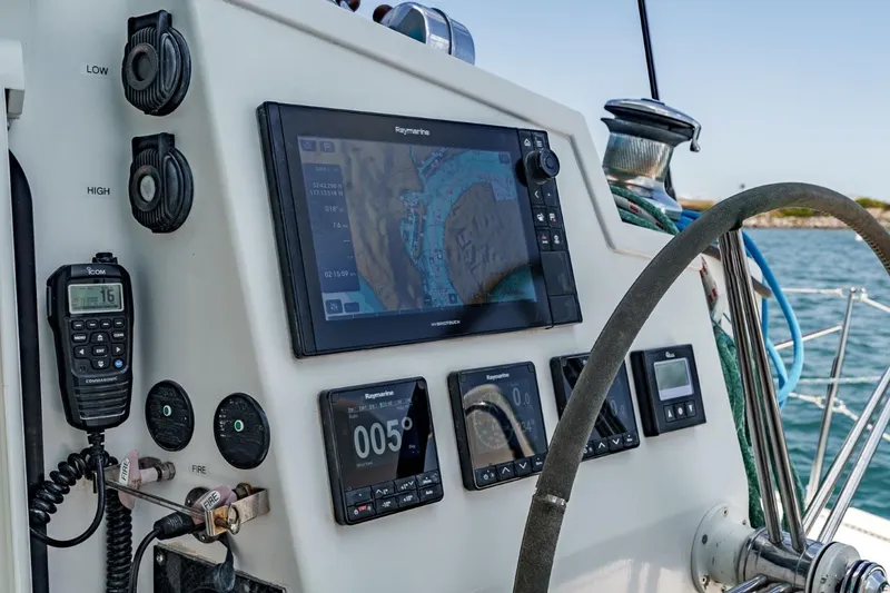 Slide: The Image of Outremer 49 yacht cockpit with navigation equipment and steering wheel, 2012 model. - 6