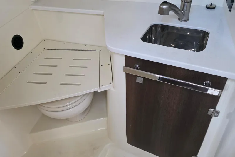 Slide: The Image of 2017 Monterey 360 Sport Coupe bathroom with sink and concealed toilet. - 37