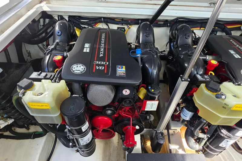 Slide: The Image of Engine compartment of a 2017 Monterey 360 Sport Coupe with Volvo Penta 380 V8 engines. - 39