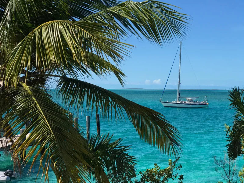 Slide: The Image of Sailboat Hallberg-Rassy 46 (2000) anchored in tropical turquoise waters, framed by palm trees. - 3