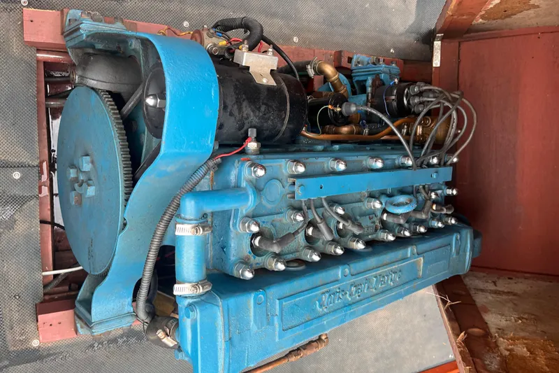 Slide: The Image of 1956 Chris-Craft 17 Sportsman engine, blue, detailed view, vintage marine machinery. - 10