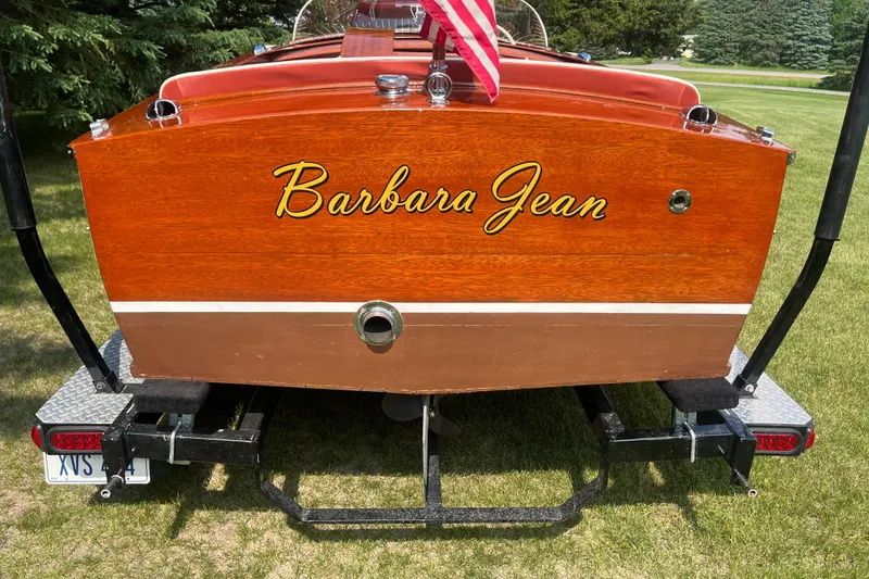 Slide: The Image of 1955 Chris-Craft 17 Sportsman boat named "Barbara Jean" on trailer, rear view. - 6